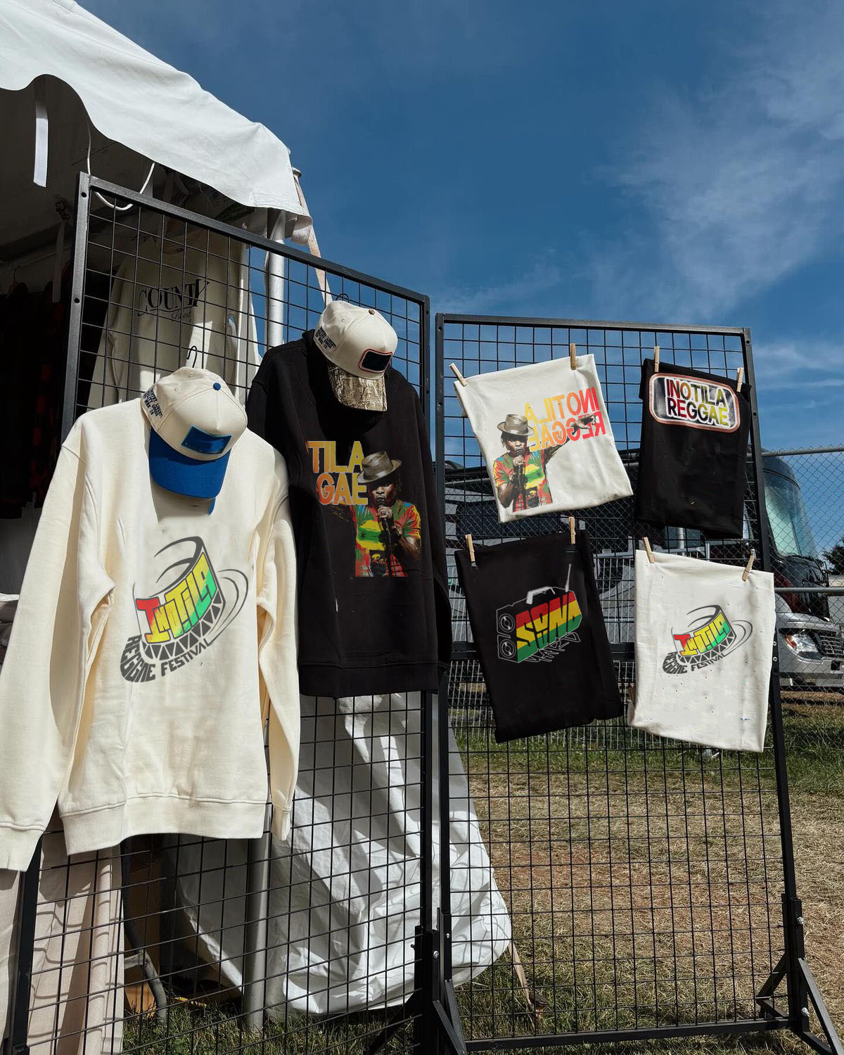 Inotila Reggae Festival merchandise displayed on site at the festival grounds